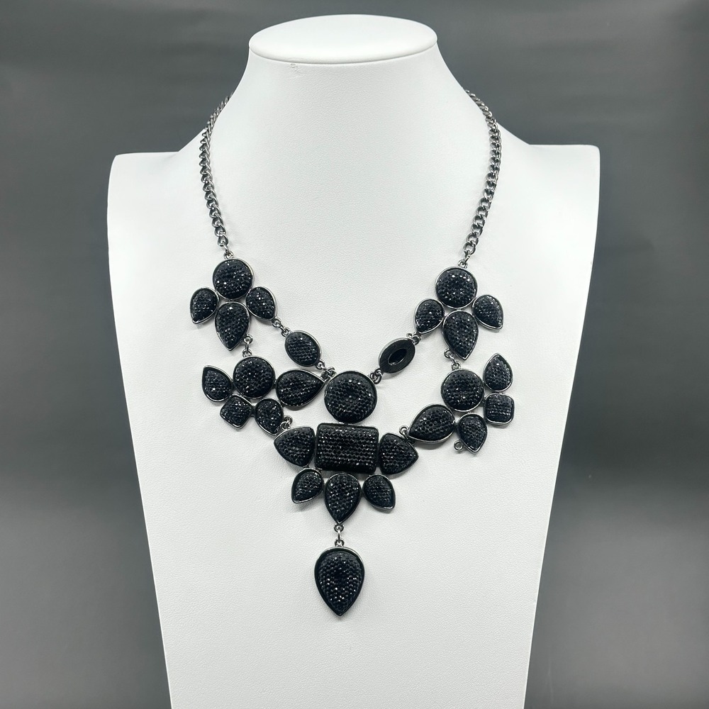 Black Rhinestone Statement Bib Necklace Silver Tone Gothic Teardrop Cluster